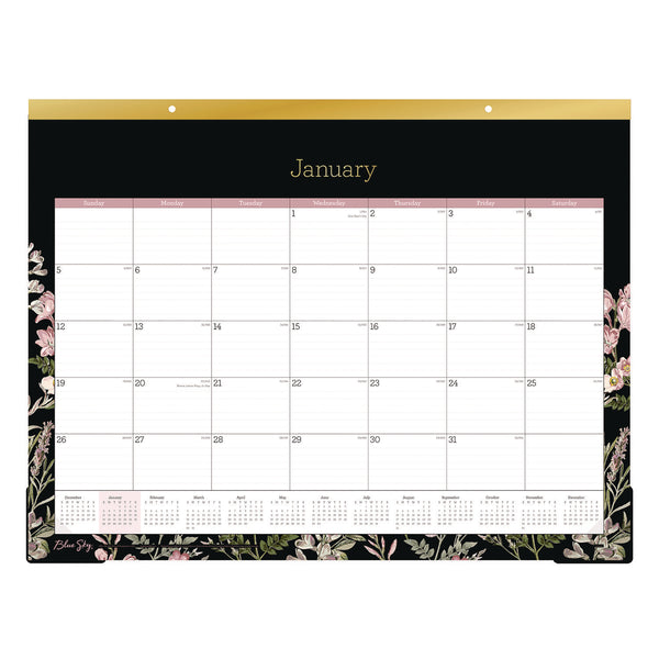 Blue Sky® Neveah Monthly Desk Pad Calendar, Floral Artwork, 22" x 17", White/Black/Pink Sheets, Gold Headband, 12-Month (Jan-Dec): 2026 (BLS148629) Each
