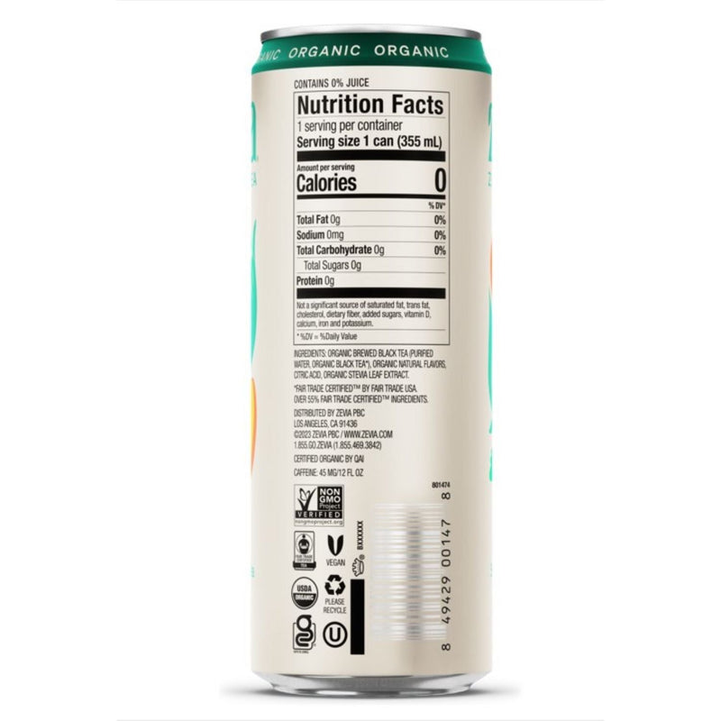 Zevia® Zero Sugar Naturally Sweetened Black Tea, Peach, 12 oz Can, 12/Carton (ZEV0170412) Case of 12