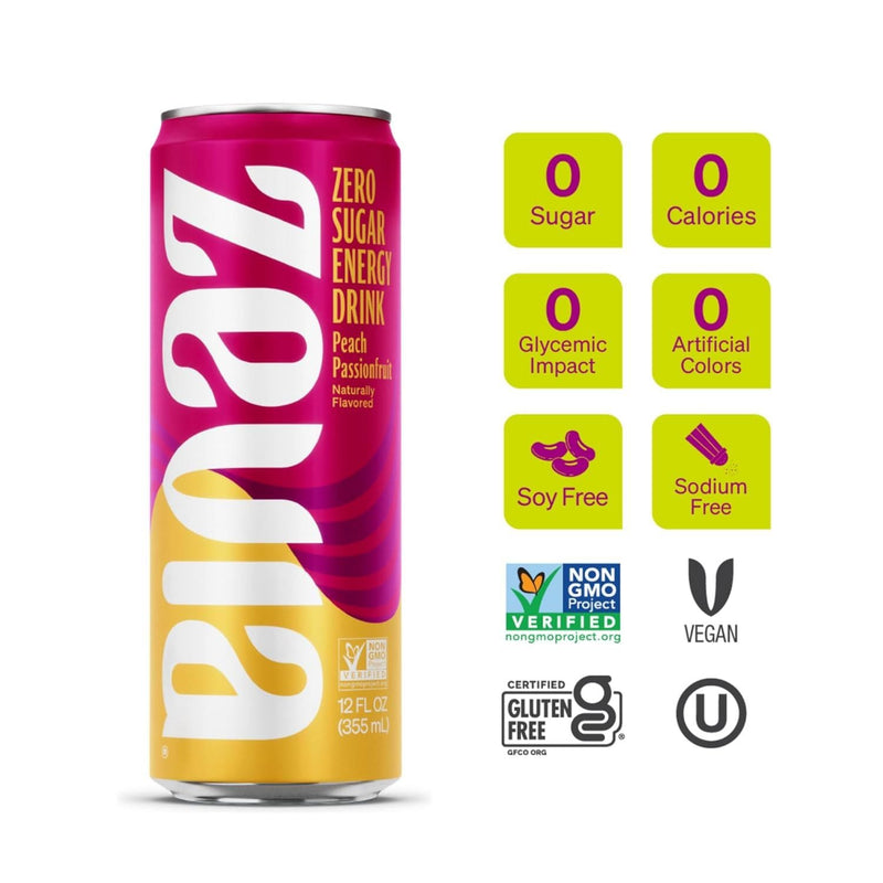 Zevia® Zero Sugar Naturally Sweetened Energy Drink, Peach Passionfruit, 12 oz Can, 12/Carton (ZEV0195712) Case of 12