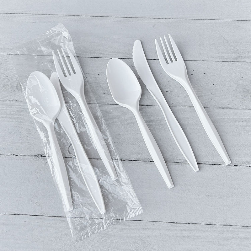 Boardwalk® Three-Piece Cutlery Kit, Fork/Knife/Teaspoon, Polypropylene, White, 250/Carton (BWK3COMBOKITPP) Case of 250