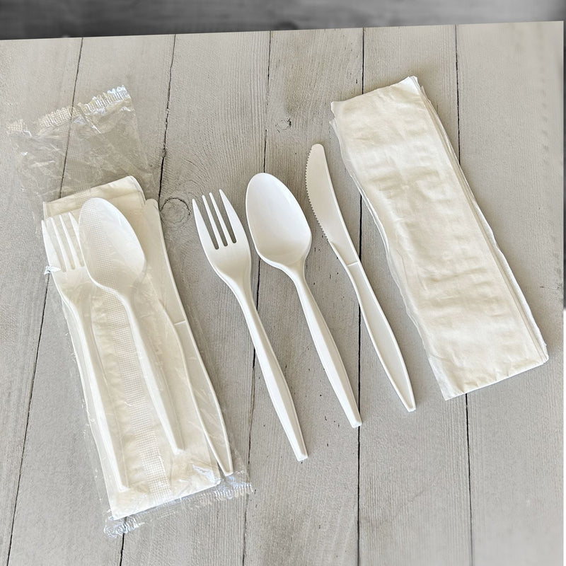 Boardwalk® Four-Piece Cutlery Kit, Fork/Knife/Napkin/Teaspoon, Mediumweight, White, 250/Carton (BWK4COMBOKITPP) Case of 250