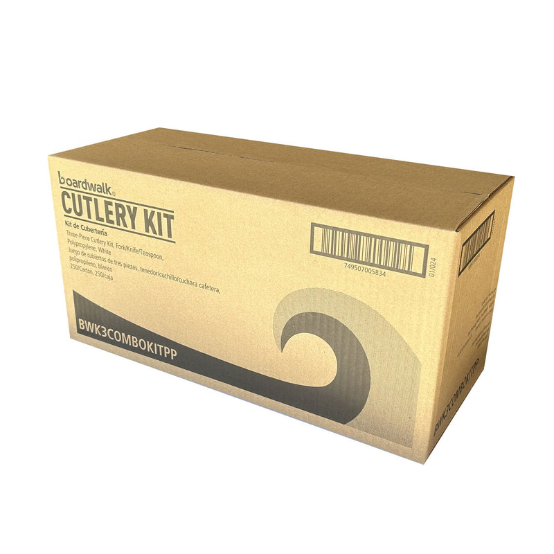 Boardwalk® Three-Piece Cutlery Kit, Fork/Knife/Teaspoon, Polypropylene, White, 250/Carton (BWK3COMBOKITPP) Case of 250