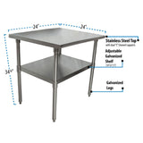 BK Resources Stainless Steel Flat Top Work Tables, 24w x 24d x 36h, Silver, 2/Pallet (BKE2VT2424) Each