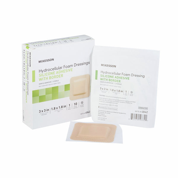 McKesson Foam Dressing 3 X 3 Inch With Border Film Backing Silicone Gel Adhesive Square Sterile (886431_BX) 10/BX