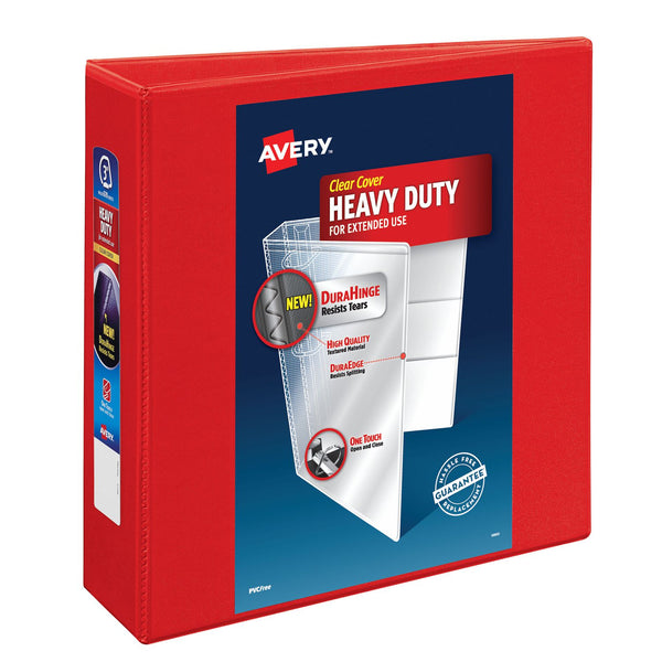 Avery® Heavy-Duty View Binder with DuraHinge and Locking One Touch EZD Rings, 3 Rings, 3" Capacity, 11 x 8.5, Red, 4/Carton (AVE79325CT)