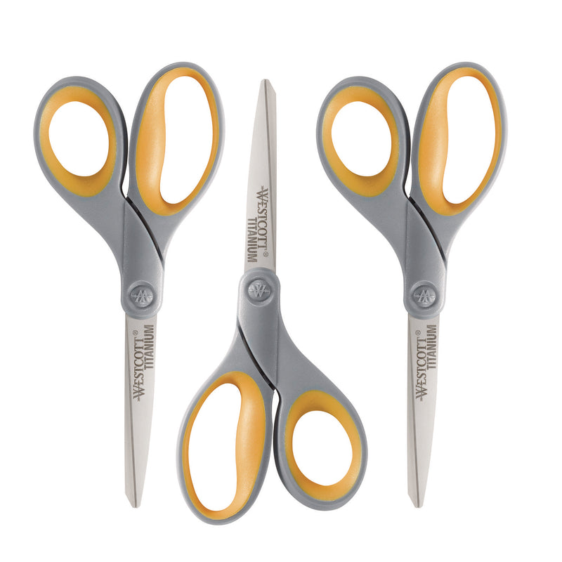 Westcott® Titanium Bonded Scissors, 8" Long, 3.5" Cut Length, Straight Gray/Yellow Handle, 3/Pack (ACM17532) Pack of 3