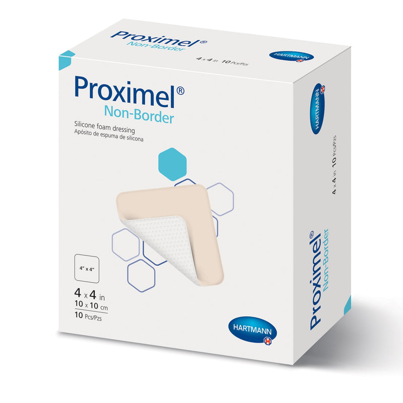 Proximel® Non-Border Foam Dressing 4 X 4 Inch Without Border Waterproof Backing Silicone Face Square Sterile (1242750_BX) 10/BX