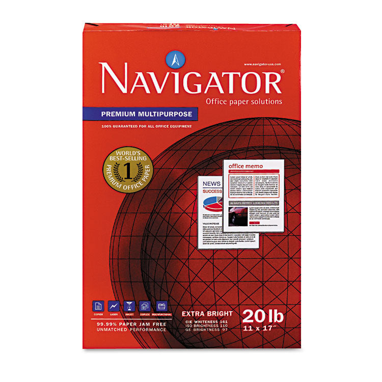 Navigator® Premium Multipurpose Copy Paper, 97 Bright, 20 lb Bond Weight, 11 x 17, White, 500 Sheets/Ream, 5 Reams/Carton (SNANMP1720) 5 Reams