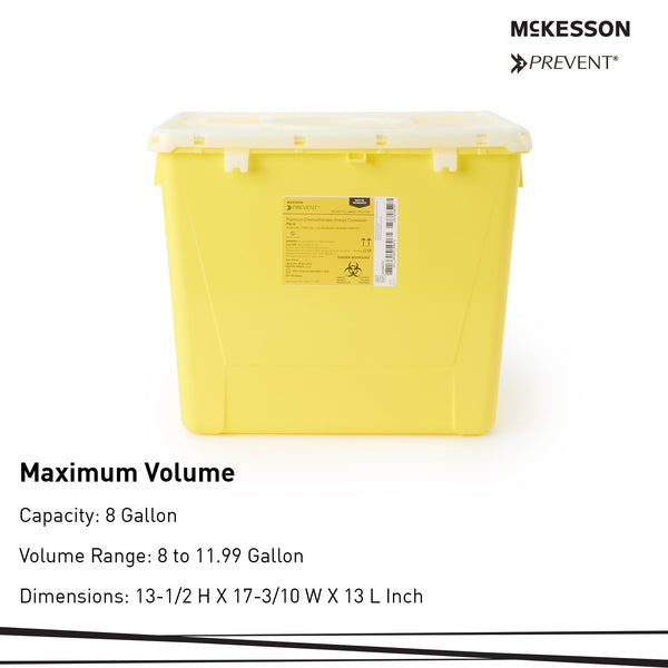 McKesson Prevent® Chemotherapy Waste Container Yellow Base 13-1/2 H X 17-3/10 W X 13 L Inch Vertical Entry 8 Gallon (854427_EA) 1/EA