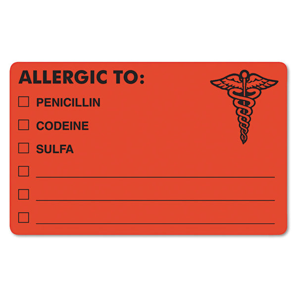 Tabbies® Allergy Warning Labels, ALLERGIC TO: PENICILLN, CODEINE, SULFA, 2.5 x 4, Fluorescent Red, 100/Roll (TAB00488) 1 Roll