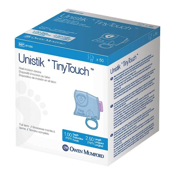 Unistik Tiny Touch Pediatric Lancet 2.5 mm Blade Retractable Push Button Activation Heel (975533_BX) 50/BX