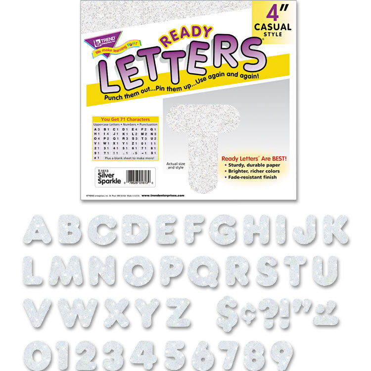 TREND® Ready Letters Sparkles Letter Set, Silver Sparkle, 4"h, 71/Set (TEPT1613) Each