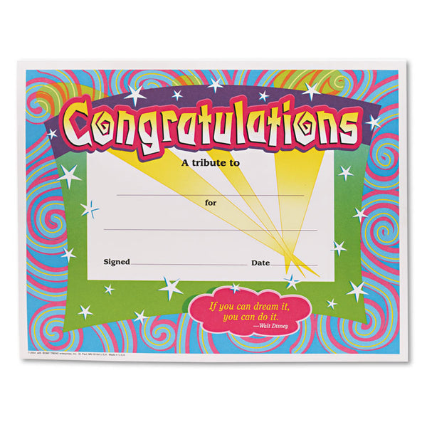 TREND® Congratulations Colorful Classic Certificates, 11 x 8.5, Horizontal Orientation, Assorted Colors with White Border, 30/Pack (TEPT2954) Pack of 30