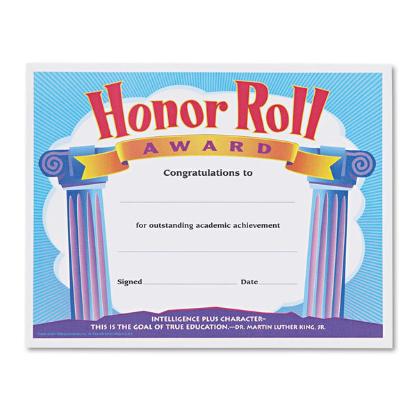 TREND® Honor Roll Award Certificates, 11 x 8.5, Horizontal Orientation, Assorted Colors with White Borders, 30/Pack (TEPT2959) Pack of 30