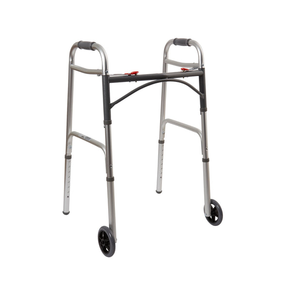McKesson Dual Release Folding Walker with Wheels Adjustable Height Aluminum Frame 350 lbs. Weight Capacity 32 to 39 Inch Height (1073638_EA) 1/EA