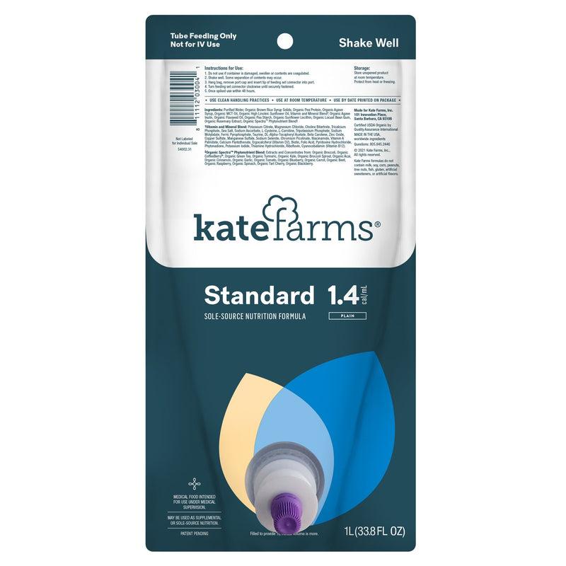Kate Farms Standard 1.4 Closed System Tube Feeding Formula Unflavored Liquid 1000 mL Ready to Hang Prefilled Container (1184939_EA) 1/EA