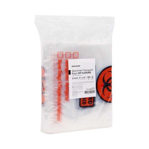 McKesson Specimen Transport Bag with Document Pouch 9 X 12 Inch Zip Closure Biohazard Symbol / Storage Instructions NonSterile (529909_CS) 10/CS