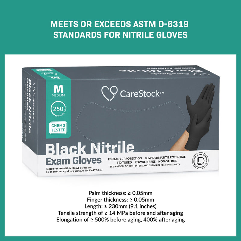 CareStock™ Exam Glove Medium NonSterile Nitrile Standard Cuff Length Fully Textured Black Not Rated (1230893_BX) 250/BX
