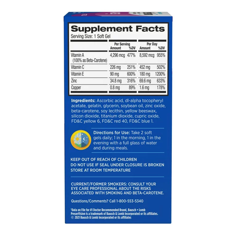 PreserVision® Areds Vitamin Supplement Beta-Carotene / Vitamin C 4,296 mcg - 226 mg Strength Capsule 120 per Bottle (1231917_BT) 1/BT