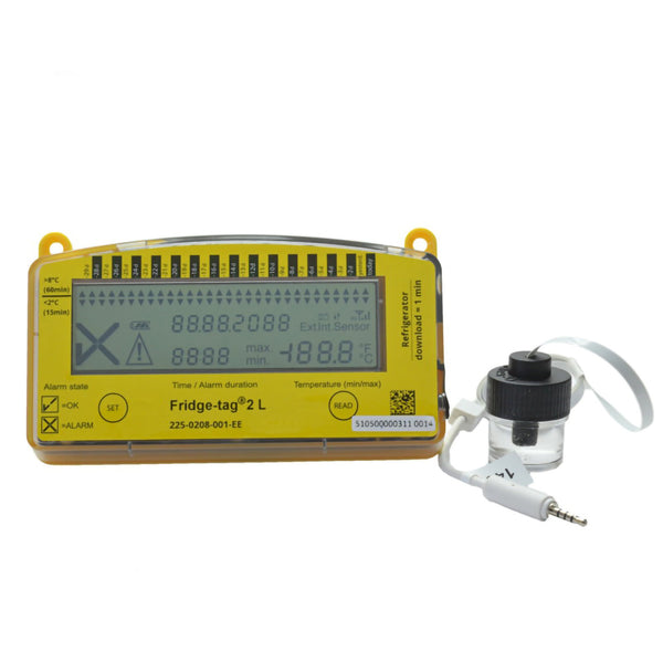 Fridge-tag® 2L Refrigerator Vaccine Data Logger with Alarm Fahrenheit / Celsius -22° to +131°F (-30° to +55°C) Glycol Bottle Probe Battery Operated (1010604_EA) 1/EA