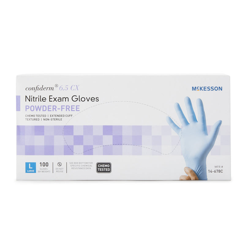 McKesson Confiderm® 6.5CX Exam Glove Large NonSterile Nitrile Extended Cuff Length Textured Fingertips Blue Chemo Tested (921608_CS) 1000/CS
