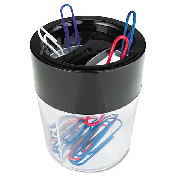 Universal® Round Magnetic Clip Dispenser, 2 Compartments, Plastic, 2.5" Diameter x 3"h, Black/Clear (UNV08126)