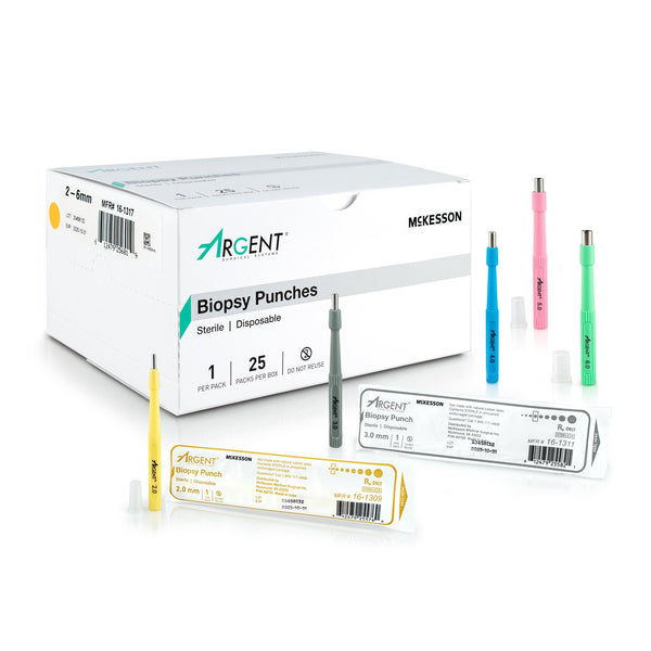 McKesson Argent™ Biopsy Punch Dermal Five 2 mm, Five 3 mm, Five 4 mm, Five 5 mm, and Five 6 mm (1175179_CS) 100/CS