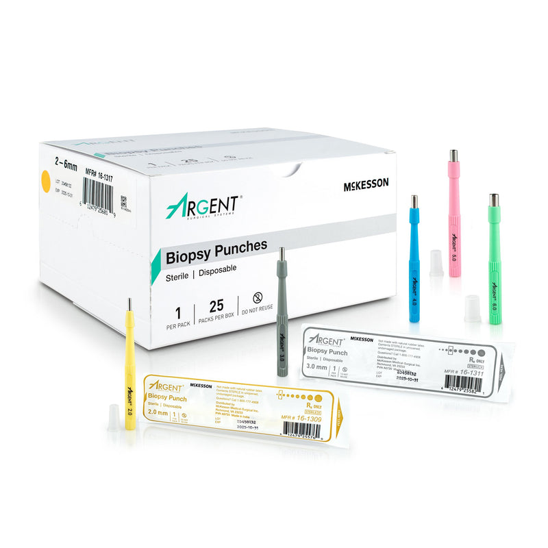 McKesson Argent™ Biopsy Punch Dermal Five 2 mm, Five 3 mm, Five 4 mm, Five 5 mm, and Five 6 mm (1175179_CS) 100/CS
