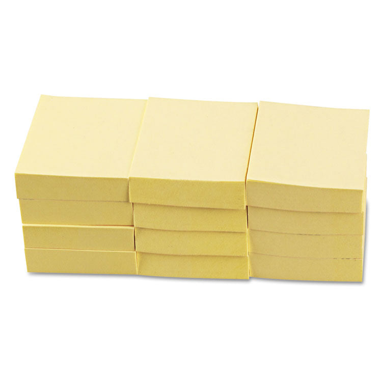 Universal® Recycled Self-Stick Note Pads, 1.5" x 2", Yellow, 100 Sheets/Pad, 12 Pads/Pack (UNV28062)