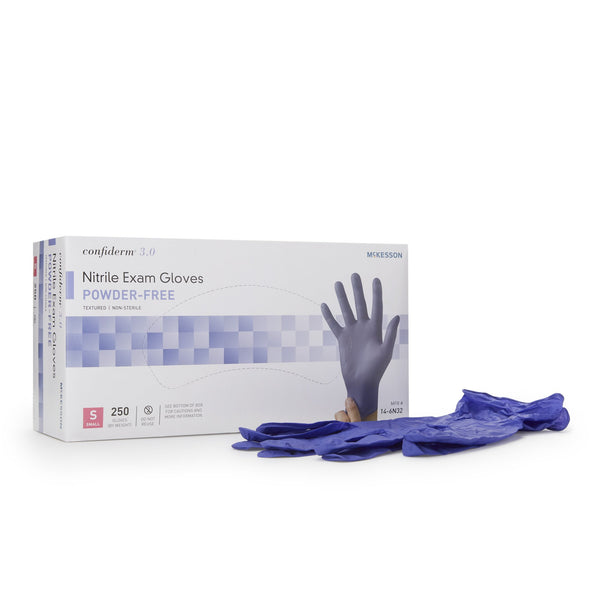 McKesson Confiderm® 3.0 Exam Glove Small NonSterile Nitrile Standard Cuff Length Textured Fingertips Blue Not Rated (957801_CS) 10/CS