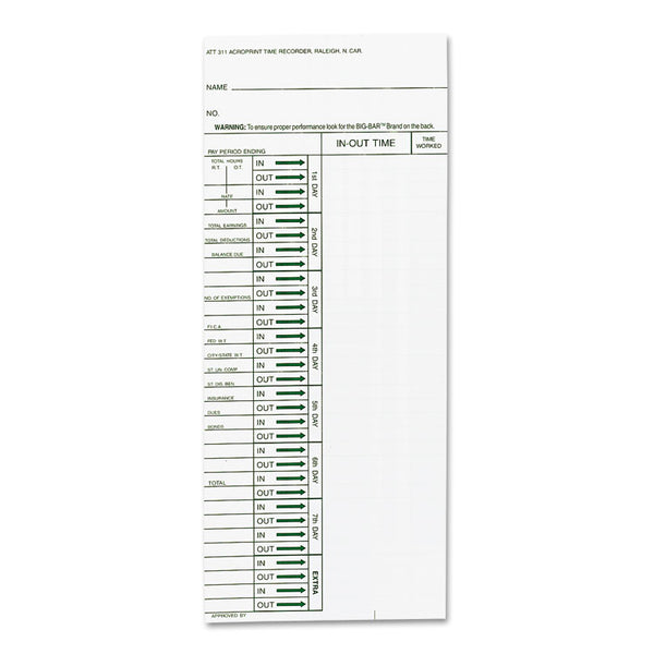 Acroprint® Time Clock Cards for Acroprint ATT310, One Side, 4 x 10, 200/Pack (ACP096103080) Pack of 200
