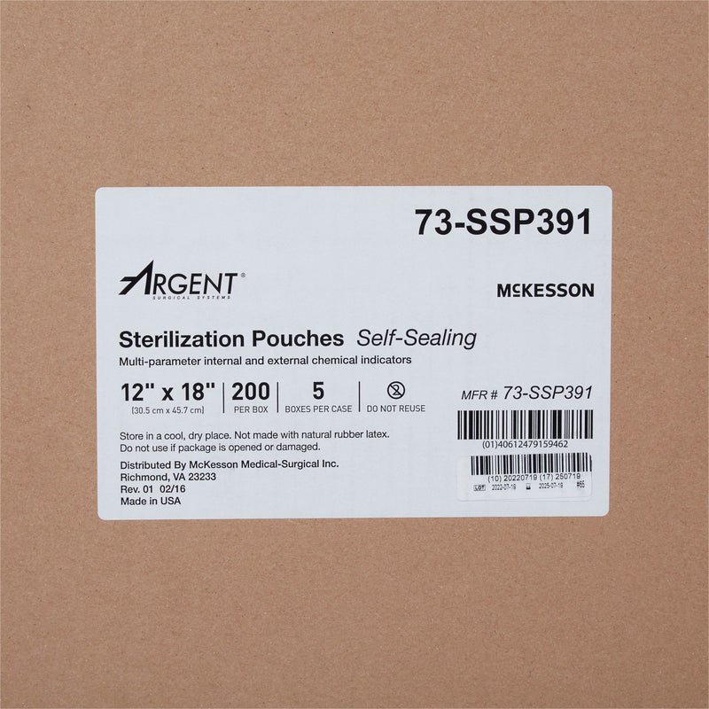 McKesson Argent™ Sure-Check® Sterilization Pouch Ethylene Oxide (EO) Gas / Steam 12 X 18 Inch Transparent / Blue Self Seal Paper / Film (527136_BX) 1/BX
