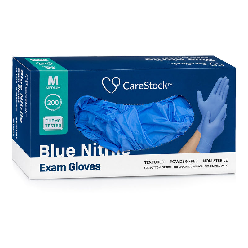 CareStock™ Exam Glove Medium NonSterile Nitrile Standard Cuff Length Textured Fingertips Blue Chemo Tested (1230897_CS) 2000/CS