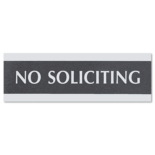 Headline® Sign Century Series Office Sign, NO SOLICITING, 9 x 3, Black/Silver (USS4758) Each