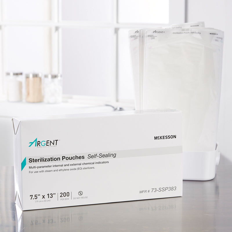McKesson Argent™ Sure-Check® Sterilization Pouch Ethylene Oxide (EO) Gas / Steam 7-1/2 X 13 Inch Transparent / Blue Self Seal Paper / Film (524881_CS) 1000/CS