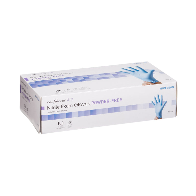 McKesson Confiderm® 3.8 Exam Glove Large NonSterile Nitrile Standard Cuff Length Textured Fingertips Blue Not Rated (921613_BX) 100/BX