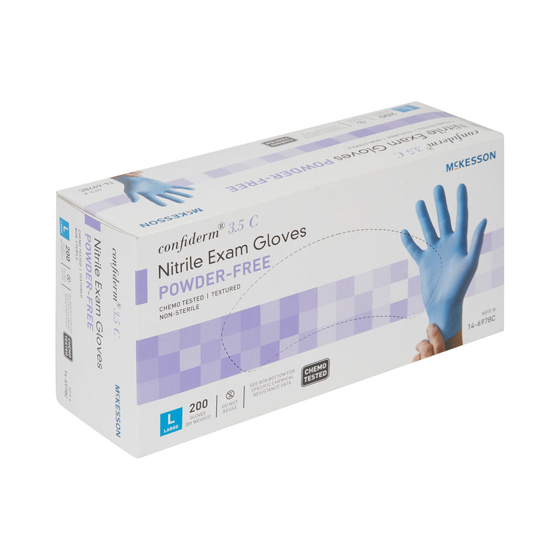 McKesson Confiderm® 3.5C Exam Glove Large NonSterile Nitrile Standard Cuff Length Textured Fingertips Blue Chemo Tested (765876_BX) 200/BX