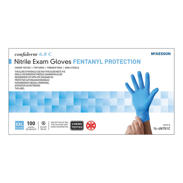 McKesson Confiderm® 6.8C Exam Glove 2X-Large NonSterile Nitrile Standard Cuff Length Fully Textured Blue Chemo Tested / Fentanyl Tested (1251332_BX) 100/BX