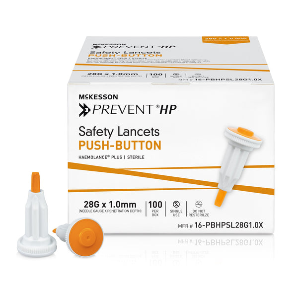 McKesson Prevent® HP Safety Lancet 28 Gauge Retractable Push Button Activation Finger (1217987_BX) 100/BX