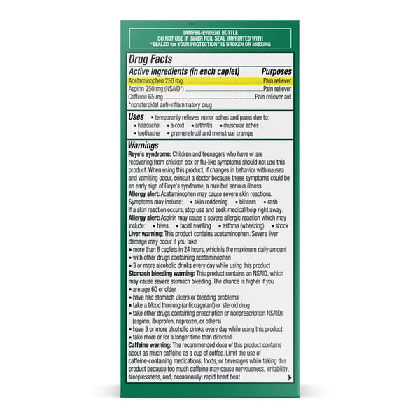 Excedrin® Extra Strength Pain Relief 250 mg - 250 mg - 65 mg Strength Acetaminophen / Aspirin / Caffeine Capsule 100 per Bottle (1261057_BT) 1/BT