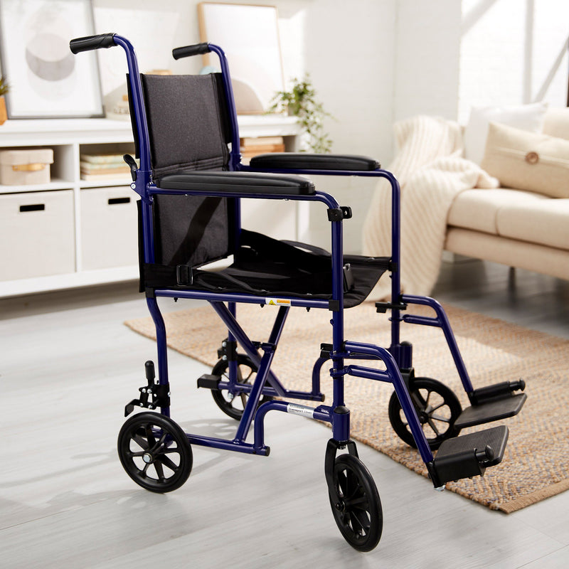 McKesson Transport Chair 19 Inch Seat Width Full Length Arm Swing-Away Footrest Aluminum Frame with Blue Finish (1065256_EA) 1/EA