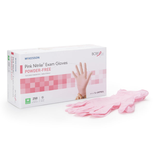 McKesson Pink Nitrile® Exam Glove Medium NonSterile Nitrile Standard Cuff Length Textured Fingertips Pink Not Rated (1065402_BX) 250/BX
