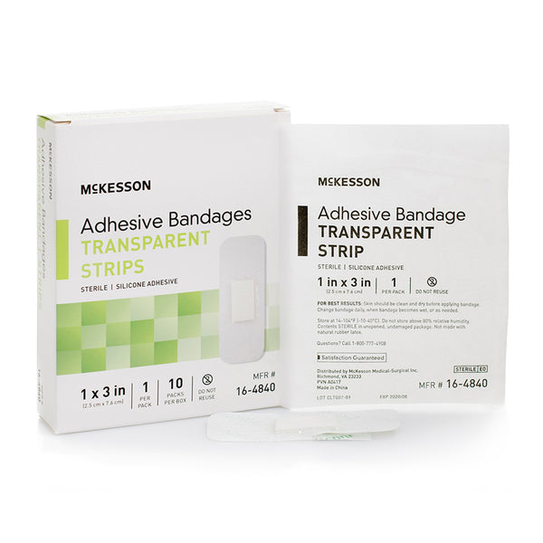 McKesson Waterproof Adhesive Strip 1 X 3 Inch Silicone Rectangle Sheer Sterile (1083097_EA) 1/EA