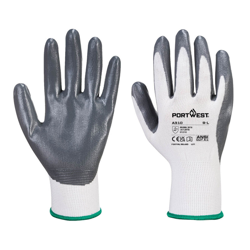 Portwest Flexo Grip Nitrile Glove, Gray/White, Size XL (A310GRWXL) Each