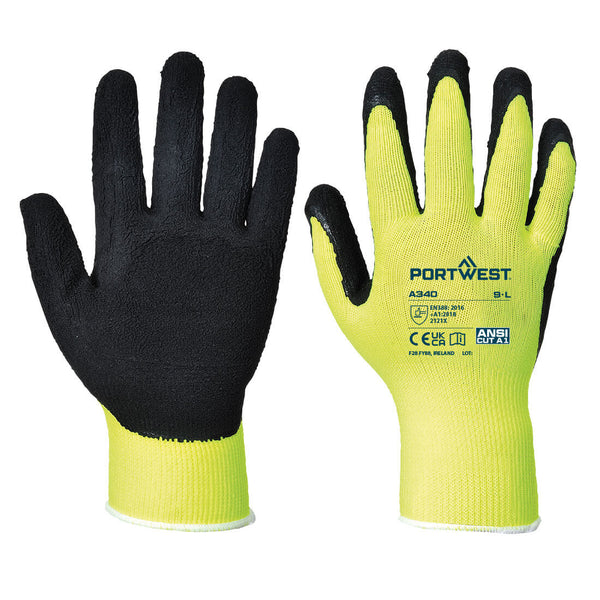 Portwest Hi-Vis Grip Glove - Latex Foam, Yellow, Size XL (A340YERXL) Each