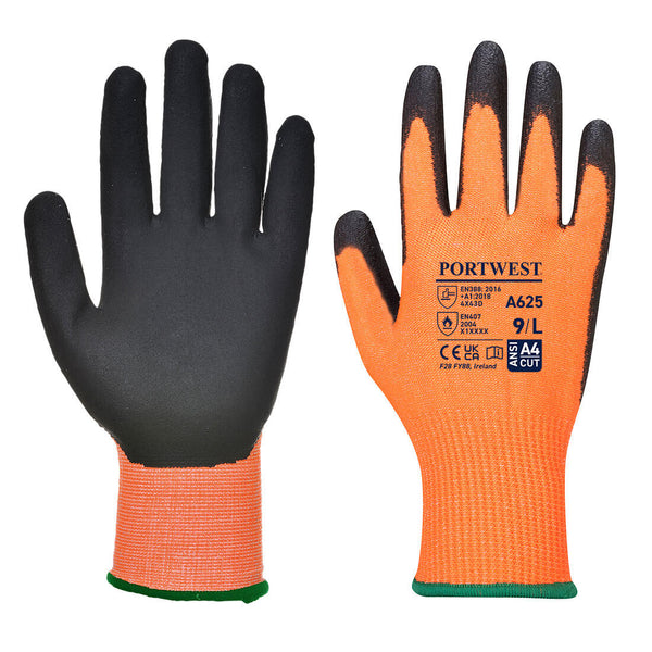 Portwest Cut D13 PU Hi - Vis Glove A4, Orange/Black, Size S (A625O8RS) Each