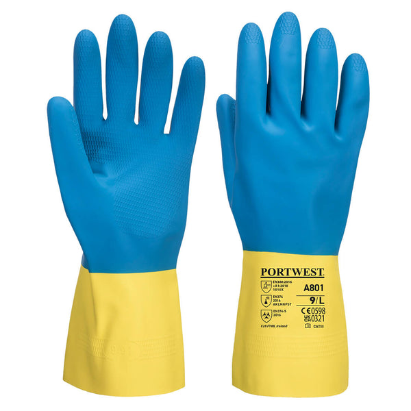 Portwest Double Dipped Latex Gauntlet, Yellow/Blue, Size M (A801Y4RM) Each