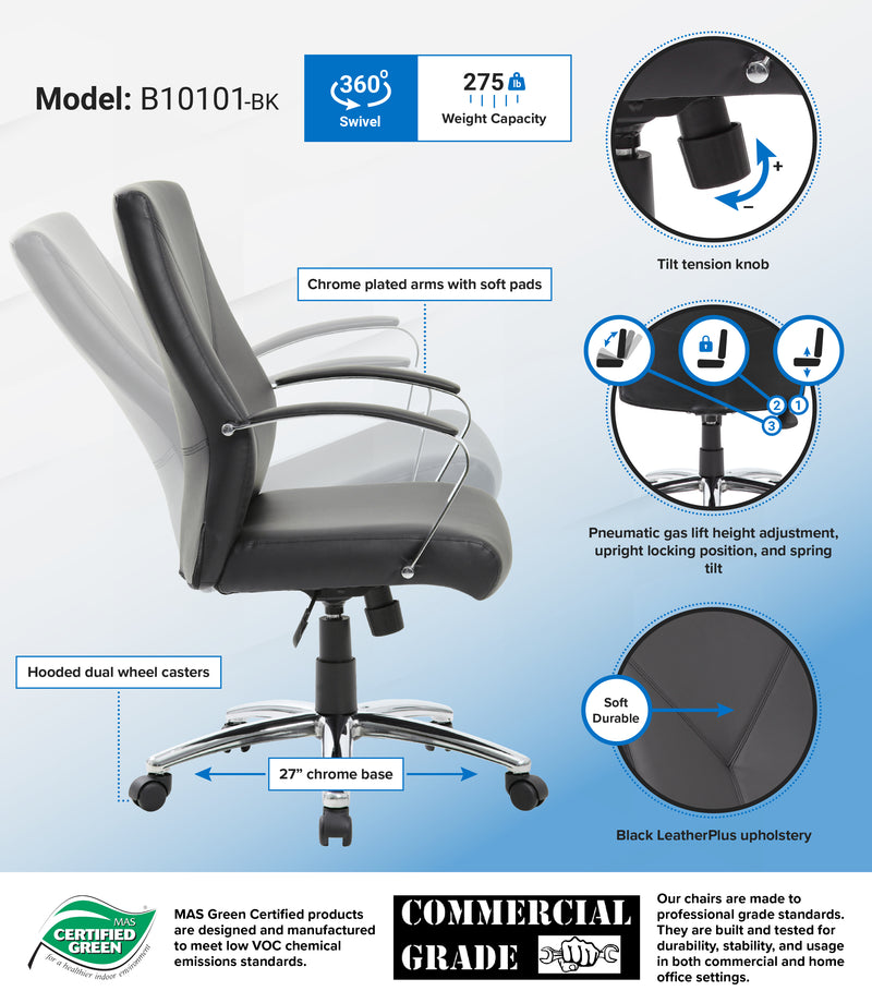 Boss LeatherPlus Executive Chair, Black (B10101-BK) Each