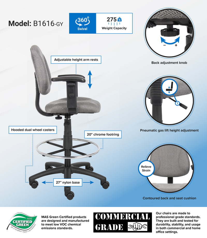 Boss Ergonomic Works Adjustable Drafting Chair with Adjustable Arms and Removable Foot Rest, Gray (B1616-GY) Each