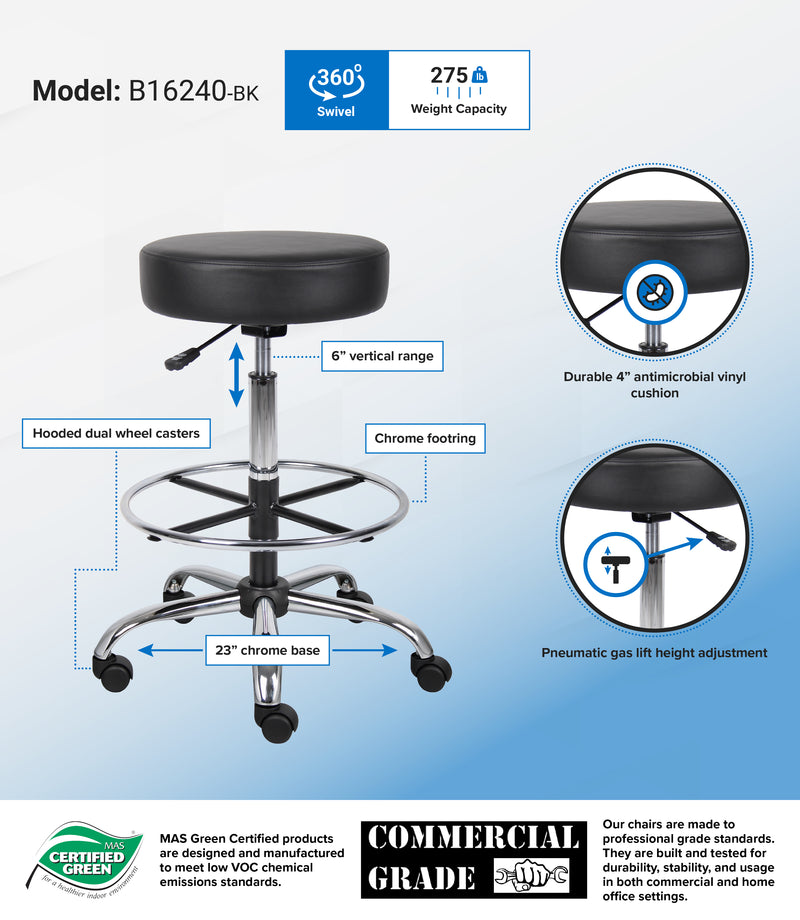 Boss Antimicrobial Vinyl Medical/Drafting Stool, Black (B16240-BK) Each